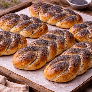 Op de afbeelding: Verschillende goudbruine gevlochten broodjes, royaal bestrooid met maanzaad, liggen op een houten dienblad met bakpapier. Een klein bakje met maanzaad is zichtbaar op de achtergrond. Het brood heeft een glanzende afwerking.