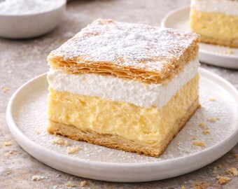 May include: A square pastry with layers of yellow custard, white cream, and flaky golden crust, dusted with powdered sugar, sits on a white plate. Another similar pastry is in the background. The image suggests a dessert or bakery item.