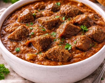 May include: A white bowl filled with a hearty stew featuring large chunks of browned meat in a rich, reddish-brown sauce. Fresh green parsley is sprinkled on top. Slices of bread are visible in the background, suggesting a complete meal.
