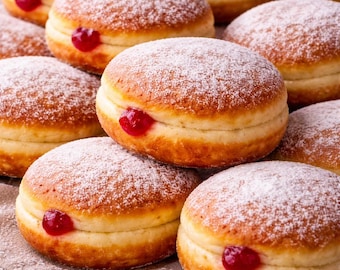 May include: A close-up shot of several round, golden-brown donuts dusted with powdered sugar. Each donut has a visible layer of red jelly filling. The donuts are arranged on a light brown surface.