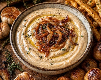 Recept voor dipsaus met geroosterde knoflook en gekarameliseerde ui