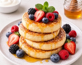 May include: A stack of three golden pancakes drizzled with syrup, topped with fresh strawberries, blueberries, raspberries, blackberries, and mint leaves. A side of yogurt and a jar of honey complete the breakfast scene.