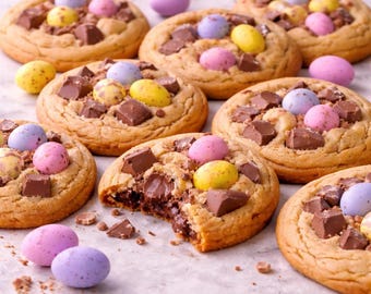 Chocoladekoekjes voor Pasen met mini-eieren (zacht en kleverig, bakkerijstijl, afdrukbare pdf)