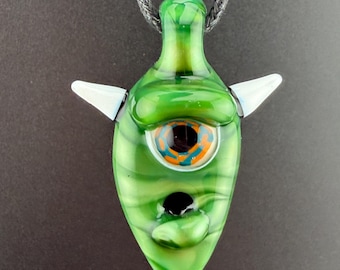 Lampwork Glass Monster Pendant – Green Monster Necklace with White Horns – Handmade Glass Jewelry – Cute Monster Pendant – Whimsical Gift