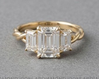 Emerald Cut Three Stone Diamond Ring Lab Grown Engagement Ring Twisted Rope Band Gold Ring Unique Modern Statement Ring Anniversary Gift