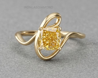 Anillo solitario de diamante amarillo cojín de 2 quilates, cultivado en laboratorio y certificado por IGI, con diseño único de banda fluida, en oro amarillo de 14 quilates para mujer.