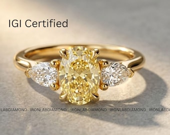Luxury Three Stone Yellow Diamond Ring Lab Grown Diamond Engagement Ring with Pear Side Stones Elegant Gold Statement Ring