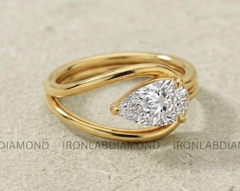 Anillo de diamantes cultivados en laboratorio con forma de pera de 1 quilate. Anillo moderno de promesa y compromiso. Oro amarillo macizo. Joyería nupcial hecha a mano. Regalo para ella.