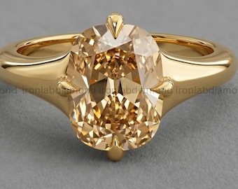 オールドマインカットクッションシャンパンラボグロウンダイヤモンドリング、チャンキーゴールドステートメントリング、女性用、結婚指輪、記念日ギフト、彼女への贈り物