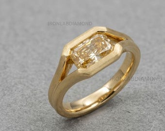 Anillo de diamantes radiantes color amarillo champán de 2,5 quilates, diamante cultivado en laboratorio, anillo de compromiso con brazo dividido, anillo de boda de oro, elegante anillo de lujo para mujer.