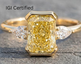 VVS Fancy Yellow Radiant Diamond Ring IGI Lab Grown Diamond Engagement Ring Pear Side Stone Solid Gold Ring Luxury Anniversary Gifts