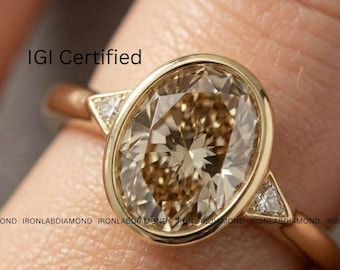 IGI Certified VVS1 Lab Grown Champagne Brown Oval Diamond Ring Three Stone Triangle Side Ring Solid Gold Engagement Ring Luxury Gifts