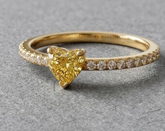 0.3 Carat Heart Cut Yellow Diamond Ring Lab Grown IGI Certified Dainty Pave Band Solid Gold Engagement Promise Ring Minimalist Luxury