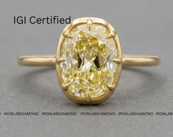 IGI Certified 4 Carat Oval Yellow Lab Grown Diamond Ring Bespoke Solid Gold Engagement Ring for Women