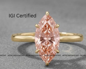 3 Carat  IGI VVS1 Pink Marquise Lab Grown Diamond Solid Gold Engagement Ring Unique Vintage Inspired Jewelry Gift For Women