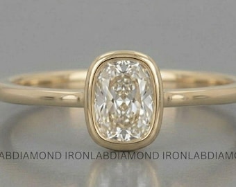 ベゼル付き細長いクッションリング、ラボグロウンIGI認定ソリティア、クッションベゼルリング、ミニマリストゴールドブライダルリング、女性用繊細なプロミスリング