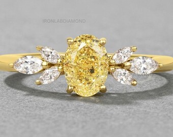 2 Carat Yellow Oval Lab Grown Diamond Engagement Ring Vintage Art Deco Gold Ring Dainty Unique Wedding Ring Gift for Women Anniversary Gifts