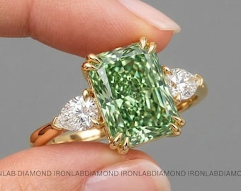Green Radiant Lab Grown Radiant Diamond Trilogy Ring  Double Prong Engagement Ring 10K Gold Wedding Unique Luxury Statement Ring For Women
