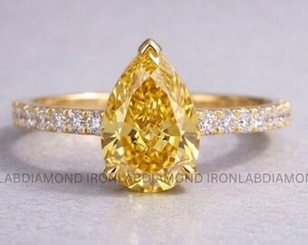 IGI Yellow Lab Grown Pear Shaped Ring Iced Crushed Diamond Ring Dainty Gold Engagement Ring Minimalist Luxury Ring for Women