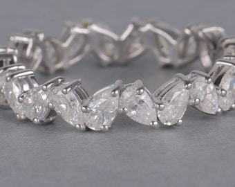 Pear Diamond Wedding Band, Full Eternity Ring, White Gold Band, Moissanite Band Ring Enhancer Unique Art Deco Wedding Band, Anniversary Gift