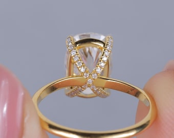 Lab Grown Diamond Ring Elongated Cushion Cut Ring Hidden Halo Solitaire Gold Engagement Ring Elegant Statement Bridal Jewelry Christmas Gift