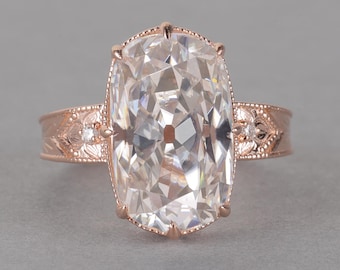 Elongated Old Mine Cushion Cut Lab Grown Diamond Ring Antique Cushion Ring Milgrain Bezel Prong Setting Chunky Bold Engagement Rings