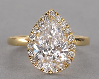 Lab Grown Pear Shape Halo Ring Vintage ArtDeco Engagement Ring Stackable Statement Ring Wedding Bride Ring Promise Proposal Anniversary Gift