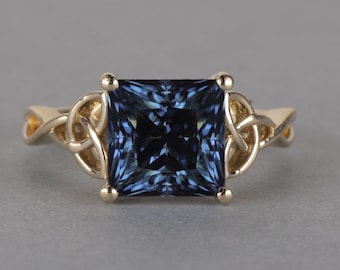 Blue Princess Cut Moissanite Diamond Ring Square Solitaire Celtic Knot Ring Bespoke Gold Engagement Ring Gold Ring Luxury Wedding Gift