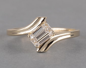 IGI Certified Emerald Cut Lab Grown Diamond Wedding Ring Bypass Shank Engagement Ring Elegant Unique Proposal Ring, Gold Ring