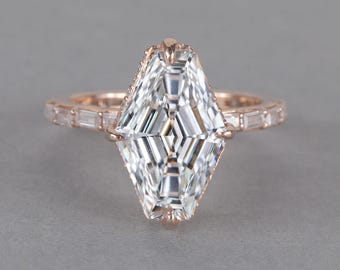 Hexagon & Lozenge Cut Ring Lab Grown Fancy Cut Ring Unique Modern Engagement Ring Compass Prong Rose Gold Antique Wedding Ring For Women