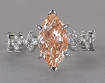 Pink Marquise Diamond Ring, Lab Grown Engagement Ring, Unique Modern Gold Ring, White Gold Platinum Ring, Marquise Wedding Ring