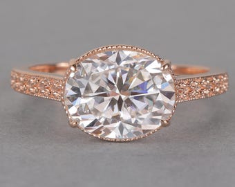 Oval Milgrain Bezel Moissanite Ring Vintage Victorian Art Deco Ring East West Bezel Ring Milgrain Engagement Ring Bespoke Wedding Ring