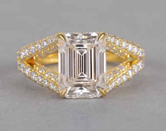 4 Carat Emerald Cut Lab Grown Diamond Ring Split Shank Engagement Ring Wedding Ring Modern Proposal Ring Statement Birthday Gift