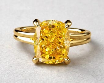 Anillo de compromiso solitario con diamante cultivado en laboratorio, talla cojín amarillo certificado por IGI, en oro amarillo de 14 quilates. Anillo de boda de doble banda, regalo para mujer.
