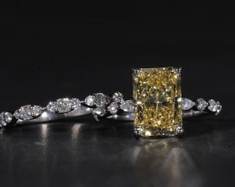 Canary Yellow Radiant Cut Diamond Engagement Ring with side Stone Round and Marquise Twisted Band Hidden Halo Statement Wedding Set