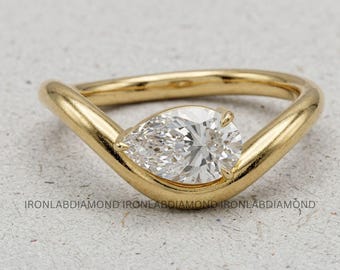Anillo de diamante talla pera de 1 quilate, anillo de compromiso con diamante cultivado en laboratorio, anillo de oro con forma curva, solitario minimalista, anillo de boda único, regalo de aniversario