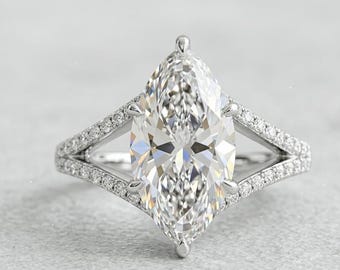 3 Carat Marquise Lab Grown Diamond Engagement Ring 14k Yellow Gold Split Shank Art Deco Wedding Ring