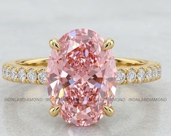 Solid Gold Pink Oval Lab Grown Diamond Ring Engagement Ring Oval Pave Band Ring Solid Gold Ring 10K 14K 18K Unique Antique Style Rings
