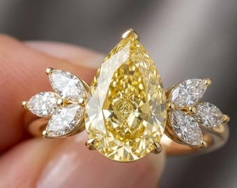 3CT Yellow Pear Diamond Ring Lab Grown Yellow Diamond Engagement Ring Gold Unique Nature Inspired Art Deco Ring IGI Certified Ring for Women
