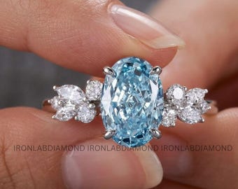 Blue Oval Diamond Ring 2.5 Carat Lab Grown Diamond Ring Oval Cluster Ring Unique Bridal Ring Platinum Gold Engagement Ring Gift for Women