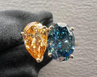 Toi et Moi Lab Grown Diamond Ring in 14K Yellow Gold and Oval Blue & Pear Cognac Diamond Unique Two Stone Engagement Ring for Her