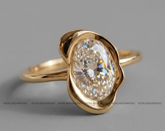 Bezel Set Oval Moissanite Diamond Ring 14K Gold Oval Solitaire Ring Unique Modern Engagement Ring Elegant Antique Statement Ring Gifts