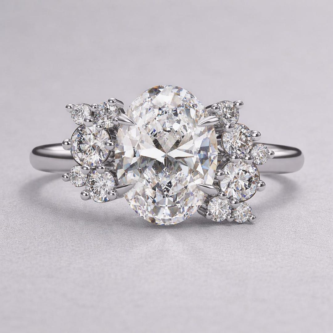 IGI Oval Cut Lab Grown Diamond Engagement Ring Cluster Floral Halo Ring ...