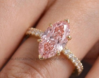 Vivid Pink Marquise Lab Grown Diamond Ring IGI Certified Diamond Engagement Ring Dainty Pave Gold Bridal Luxury Statement Ring for Women