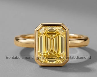 エメラルドカット イエロー ラボグロウンダイヤモンドリング 3カラット ソリティア ゴールドリング ワイドバンド エンゲージリング ユニークなアールデコ ウェディングリング アニバーサリーギフト