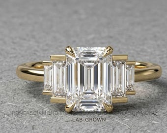 Emerald Cut Five Stone Diamond Ring Lab Grown Engagement Ring Luxury Wedding Proposal Ring for Women Trendy Ring Anniversary Birthday Gift