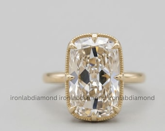 ヴィンテージ風細長いクッションカットのオールドマインダイヤモンド婚約指輪、ミルグレインベゼル、ソリッドゴールドリング、IGI認定結婚指輪、アンティークスタイルの指輪