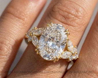 Anillo de oro con diamante ovalado cultivado en laboratorio, anillo de compromiso, anillo de boda, anillo de aniversario, anillo vintage único con diseño de racimo, anillo de promesa.