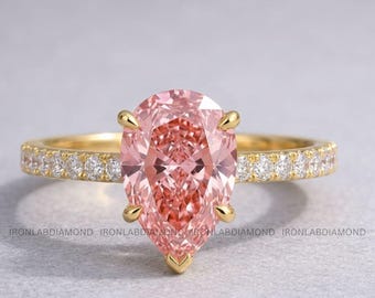 IGI Certified Pink Pear Diamond Engagement Ring Solid Gold Wedding Ring 10K 14K 18K Unique Bridal Ring Anniversary Birthday Gift for Women