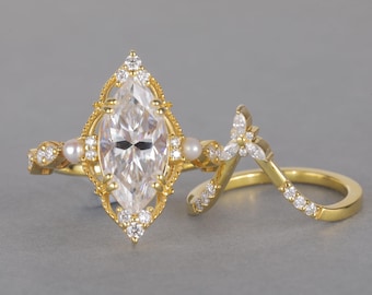 Vintage 4 Carat Marquise Lab Grown Diamond Bridal Set, 14k/18k Gold Vintage Victorian Wedding Ring Set with Marquise & Round Pearl Accents
